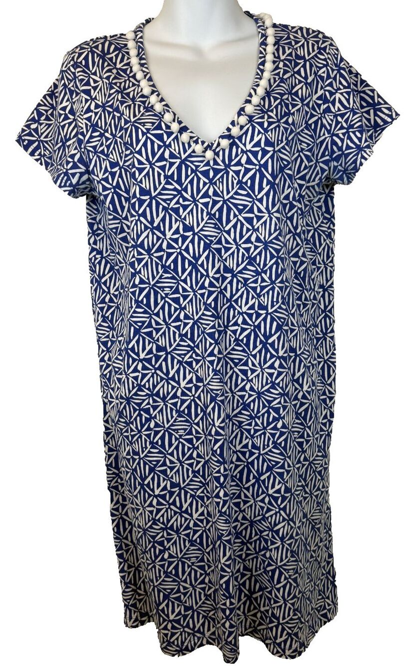 Lilly Pulitzer Jan Dress M Blue White In High Spirits Pima Cotton Pom Pom V-Neck